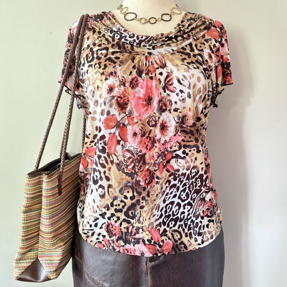 Brown and pink floral cheetah print mix blouse with cowlneck and flutter sleeves